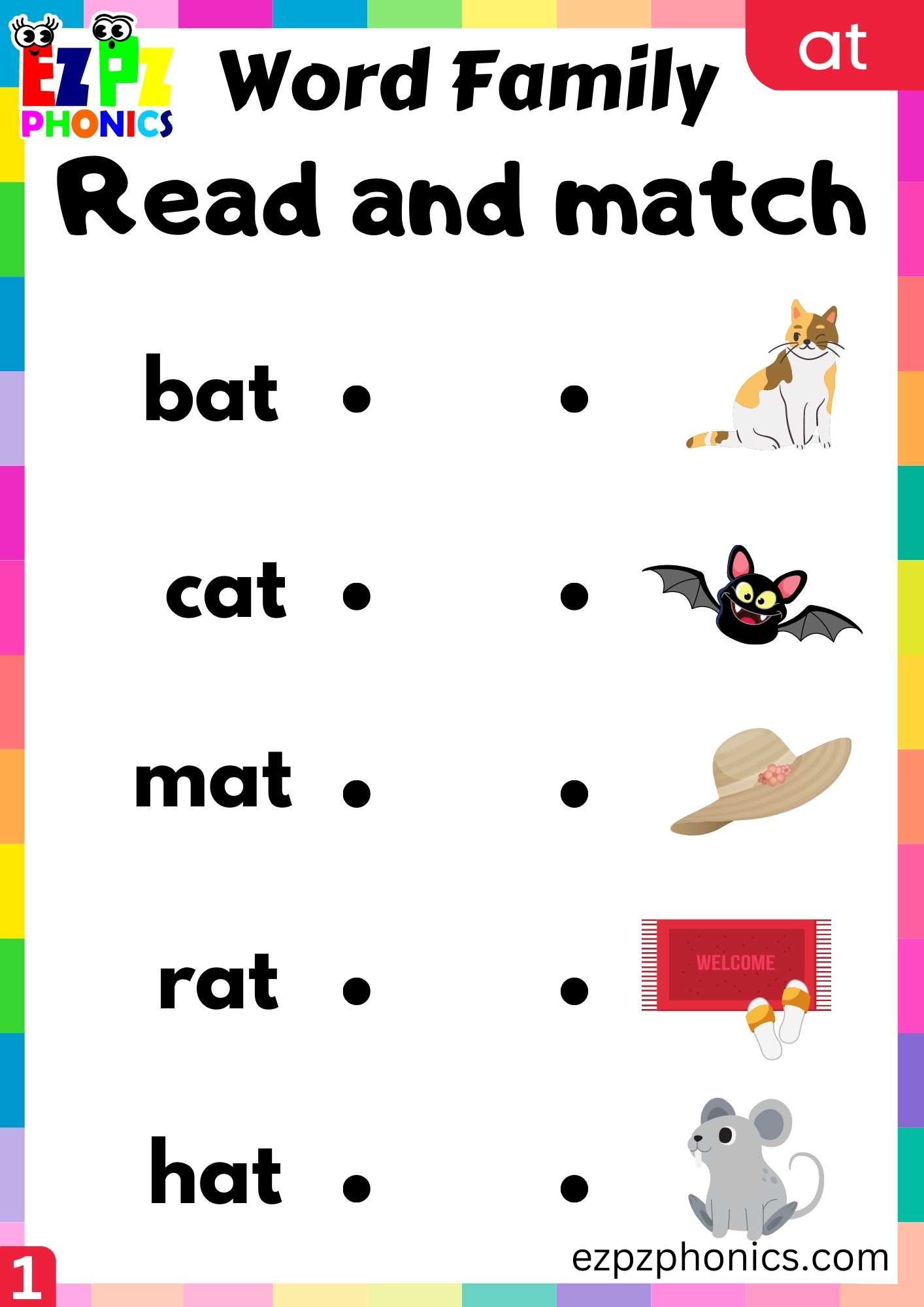 AT Words Read And Match Phonics Word Families Worksheet